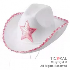 SOMBRERO COWBOY ESTRELLA Y LENTEJUELAS BLANCO x 1